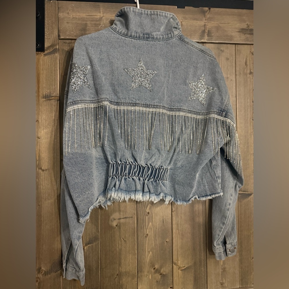 Blue B Collection Rhinestone Star Jean Jacket Womens Small Bachelorette Shiny